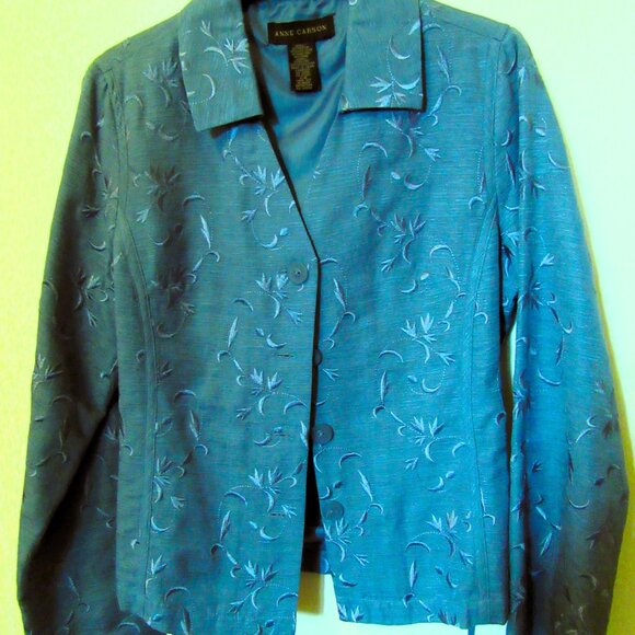 Anne Carson Women's Lined Teal Silk & Rayon Embroidered Blazer - Picture 2 of 7
